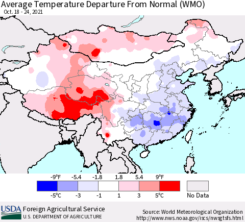 China, Mongolia and Taiwan Average Temperature Departure from Normal (WMO) Thematic Map For 10/18/2021 - 10/24/2021