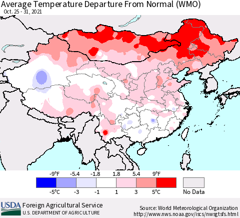 China, Mongolia and Taiwan Average Temperature Departure from Normal (WMO) Thematic Map For 10/25/2021 - 10/31/2021