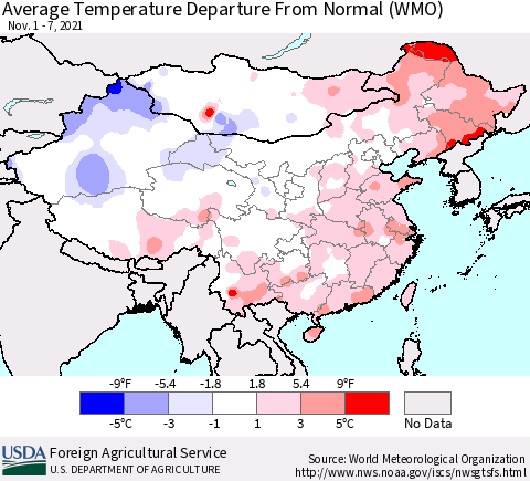 China, Mongolia and Taiwan Average Temperature Departure from Normal (WMO) Thematic Map For 11/1/2021 - 11/7/2021