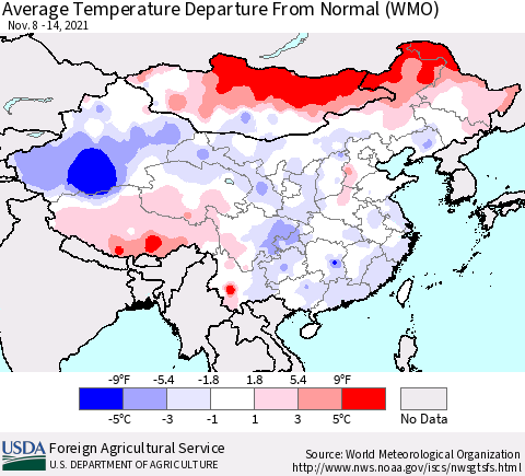 China, Mongolia and Taiwan Average Temperature Departure from Normal (WMO) Thematic Map For 11/8/2021 - 11/14/2021