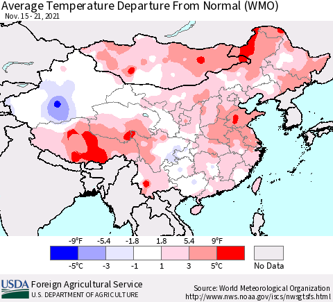 China, Mongolia and Taiwan Average Temperature Departure from Normal (WMO) Thematic Map For 11/15/2021 - 11/21/2021