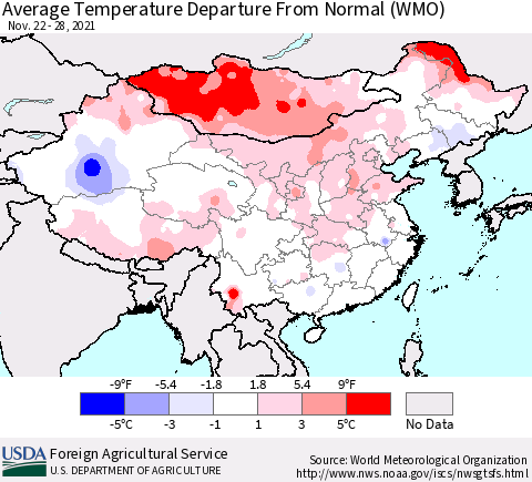 China, Mongolia and Taiwan Average Temperature Departure from Normal (WMO) Thematic Map For 11/22/2021 - 11/28/2021