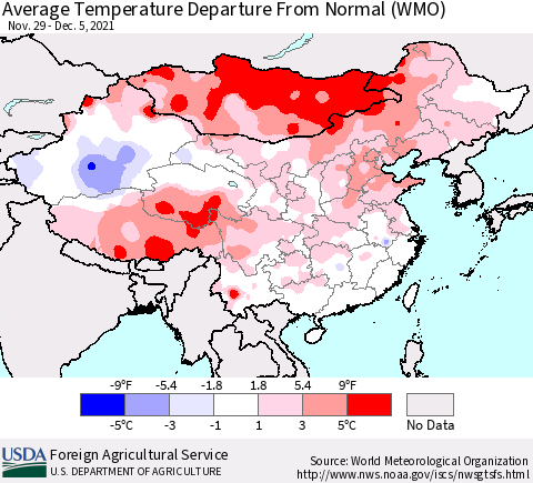 China, Mongolia and Taiwan Average Temperature Departure from Normal (WMO) Thematic Map For 11/29/2021 - 12/5/2021