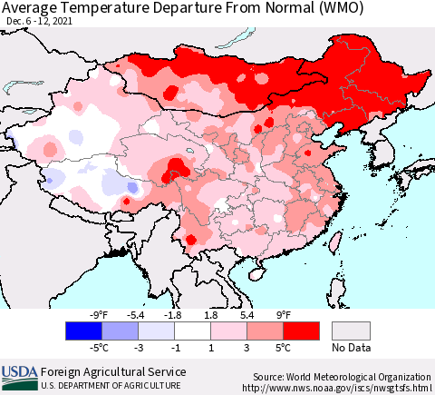 China, Mongolia and Taiwan Average Temperature Departure from Normal (WMO) Thematic Map For 12/6/2021 - 12/12/2021