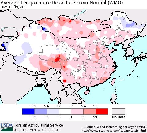 China, Mongolia and Taiwan Average Temperature Departure from Normal (WMO) Thematic Map For 12/13/2021 - 12/19/2021