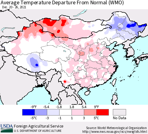 China, Mongolia and Taiwan Average Temperature Departure from Normal (WMO) Thematic Map For 12/20/2021 - 12/26/2021