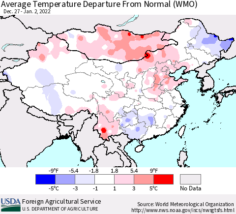 China, Mongolia and Taiwan Average Temperature Departure from Normal (WMO) Thematic Map For 12/27/2021 - 1/2/2022