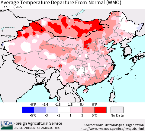 China, Mongolia and Taiwan Average Temperature Departure from Normal (WMO) Thematic Map For 1/3/2022 - 1/9/2022