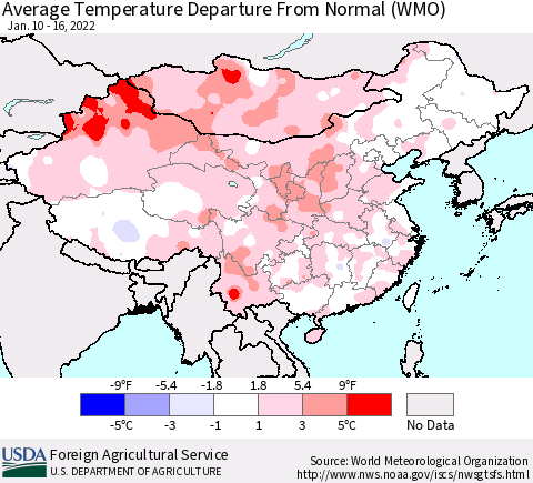 China, Mongolia and Taiwan Average Temperature Departure from Normal (WMO) Thematic Map For 1/10/2022 - 1/16/2022