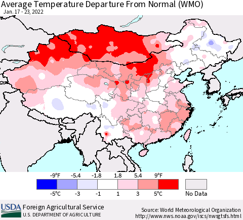 China, Mongolia and Taiwan Average Temperature Departure from Normal (WMO) Thematic Map For 1/17/2022 - 1/23/2022