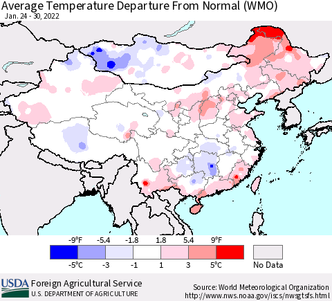China, Mongolia and Taiwan Average Temperature Departure from Normal (WMO) Thematic Map For 1/24/2022 - 1/30/2022