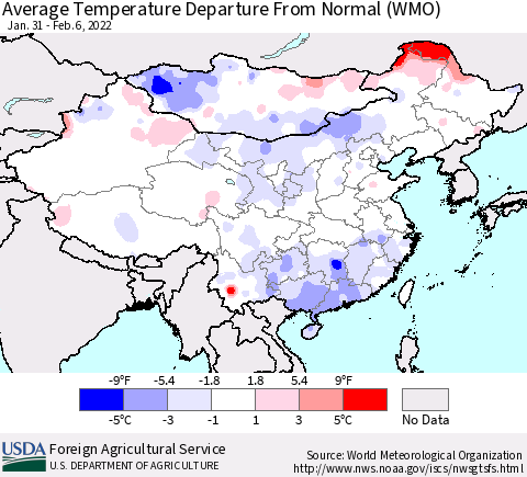 China, Mongolia and Taiwan Average Temperature Departure from Normal (WMO) Thematic Map For 1/31/2022 - 2/6/2022