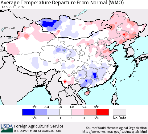 China, Mongolia and Taiwan Average Temperature Departure from Normal (WMO) Thematic Map For 2/7/2022 - 2/13/2022