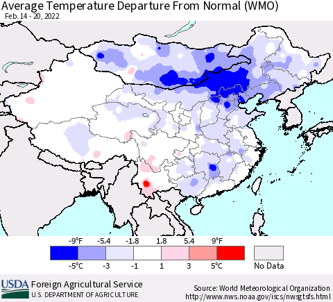 China, Mongolia and Taiwan Average Temperature Departure from Normal (WMO) Thematic Map For 2/14/2022 - 2/20/2022