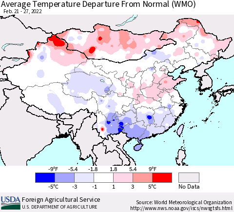 China, Mongolia and Taiwan Average Temperature Departure from Normal (WMO) Thematic Map For 2/21/2022 - 2/27/2022