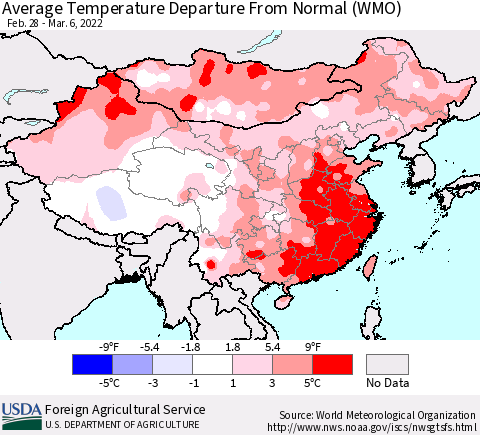 China, Mongolia and Taiwan Average Temperature Departure from Normal (WMO) Thematic Map For 2/28/2022 - 3/6/2022