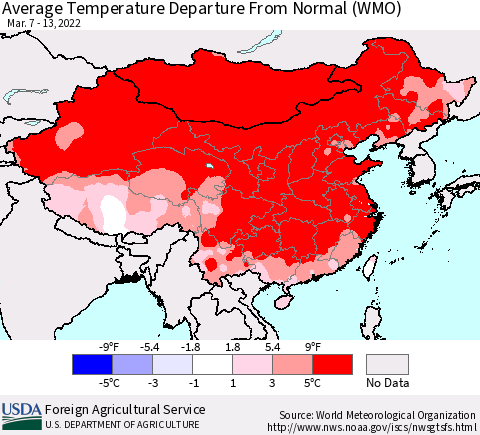 China, Mongolia and Taiwan Average Temperature Departure from Normal (WMO) Thematic Map For 3/7/2022 - 3/13/2022