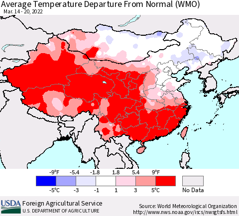 China, Mongolia and Taiwan Average Temperature Departure from Normal (WMO) Thematic Map For 3/14/2022 - 3/20/2022