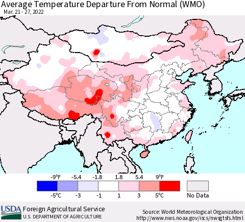 China, Mongolia and Taiwan Average Temperature Departure from Normal (WMO) Thematic Map For 3/21/2022 - 3/27/2022