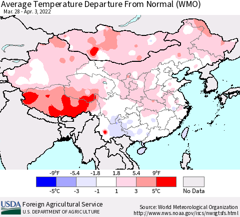 China, Mongolia and Taiwan Average Temperature Departure from Normal (WMO) Thematic Map For 3/28/2022 - 4/3/2022