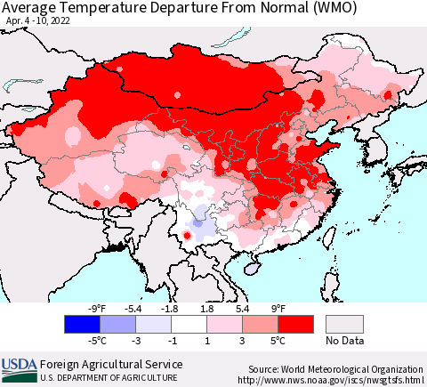China, Mongolia and Taiwan Average Temperature Departure from Normal (WMO) Thematic Map For 4/4/2022 - 4/10/2022