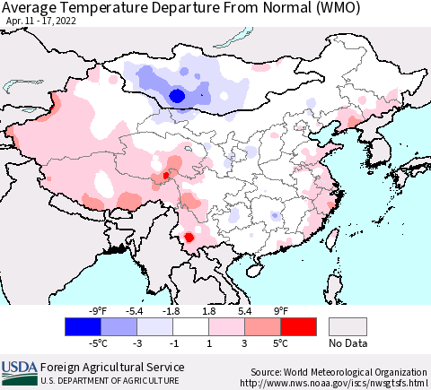 China, Mongolia and Taiwan Average Temperature Departure from Normal (WMO) Thematic Map For 4/11/2022 - 4/17/2022