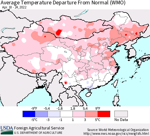 China, Mongolia and Taiwan Average Temperature Departure from Normal (WMO) Thematic Map For 4/18/2022 - 4/24/2022