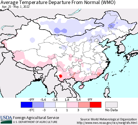 China, Mongolia and Taiwan Average Temperature Departure from Normal (WMO) Thematic Map For 4/25/2022 - 5/1/2022