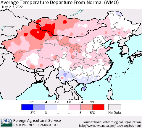 China, Mongolia and Taiwan Average Temperature Departure from Normal (WMO) Thematic Map For 5/2/2022 - 5/8/2022