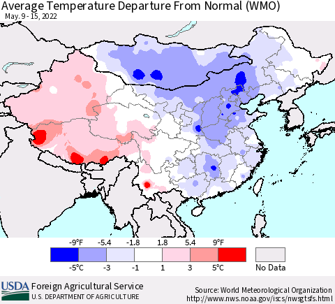 China, Mongolia and Taiwan Average Temperature Departure from Normal (WMO) Thematic Map For 5/9/2022 - 5/15/2022