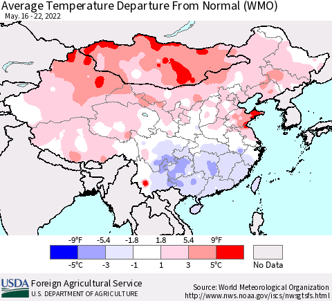 China, Mongolia and Taiwan Average Temperature Departure from Normal (WMO) Thematic Map For 5/16/2022 - 5/22/2022