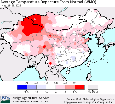 China, Mongolia and Taiwan Average Temperature Departure from Normal (WMO) Thematic Map For 5/23/2022 - 5/29/2022