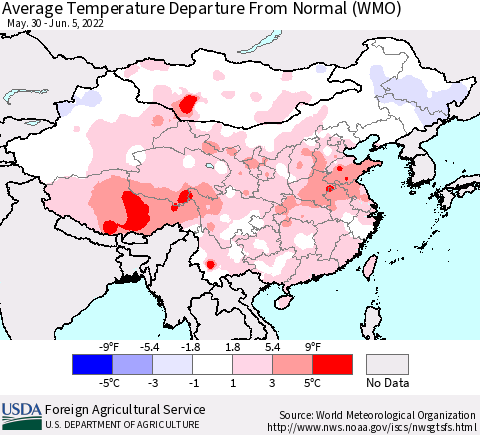 China, Mongolia and Taiwan Average Temperature Departure from Normal (WMO) Thematic Map For 5/30/2022 - 6/5/2022