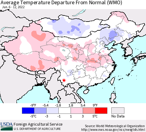 China, Mongolia and Taiwan Average Temperature Departure from Normal (WMO) Thematic Map For 6/6/2022 - 6/12/2022
