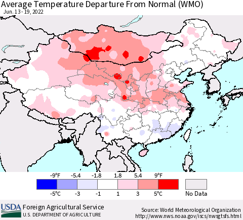 China, Mongolia and Taiwan Average Temperature Departure from Normal (WMO) Thematic Map For 6/13/2022 - 6/19/2022