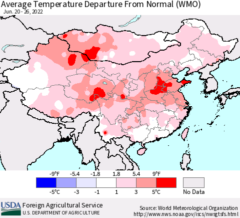 China, Mongolia and Taiwan Average Temperature Departure from Normal (WMO) Thematic Map For 6/20/2022 - 6/26/2022