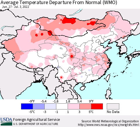 China, Mongolia and Taiwan Average Temperature Departure from Normal (WMO) Thematic Map For 6/27/2022 - 7/3/2022