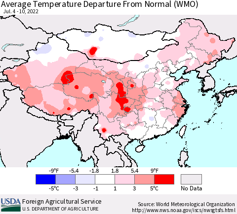 China, Mongolia and Taiwan Average Temperature Departure from Normal (WMO) Thematic Map For 7/4/2022 - 7/10/2022