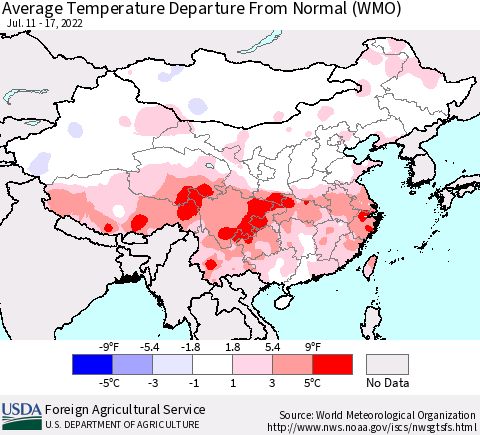China, Mongolia and Taiwan Average Temperature Departure from Normal (WMO) Thematic Map For 7/11/2022 - 7/17/2022