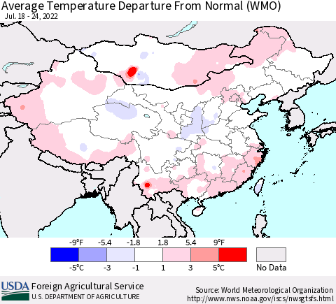China, Mongolia and Taiwan Average Temperature Departure from Normal (WMO) Thematic Map For 7/18/2022 - 7/24/2022