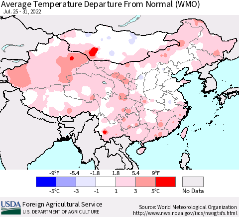 China, Mongolia and Taiwan Average Temperature Departure from Normal (WMO) Thematic Map For 7/25/2022 - 7/31/2022