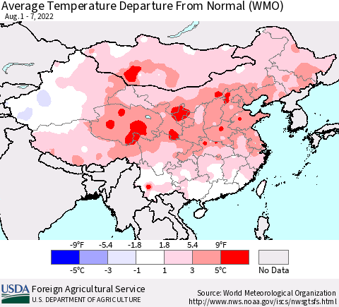 China, Mongolia and Taiwan Average Temperature Departure from Normal (WMO) Thematic Map For 8/1/2022 - 8/7/2022