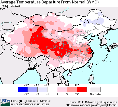 China, Mongolia and Taiwan Average Temperature Departure from Normal (WMO) Thematic Map For 8/8/2022 - 8/14/2022