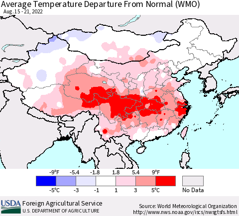 China, Mongolia and Taiwan Average Temperature Departure from Normal (WMO) Thematic Map For 8/15/2022 - 8/21/2022