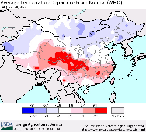China, Mongolia and Taiwan Average Temperature Departure from Normal (WMO) Thematic Map For 8/22/2022 - 8/28/2022