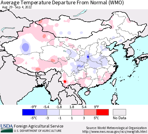 China, Mongolia and Taiwan Average Temperature Departure from Normal (WMO) Thematic Map For 8/29/2022 - 9/4/2022