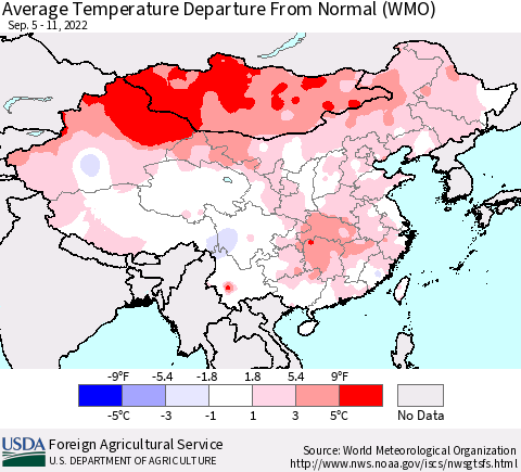 China, Mongolia and Taiwan Average Temperature Departure from Normal (WMO) Thematic Map For 9/5/2022 - 9/11/2022