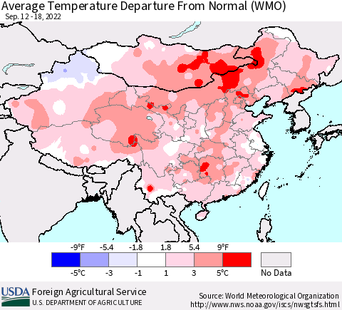China, Mongolia and Taiwan Average Temperature Departure from Normal (WMO) Thematic Map For 9/12/2022 - 9/18/2022