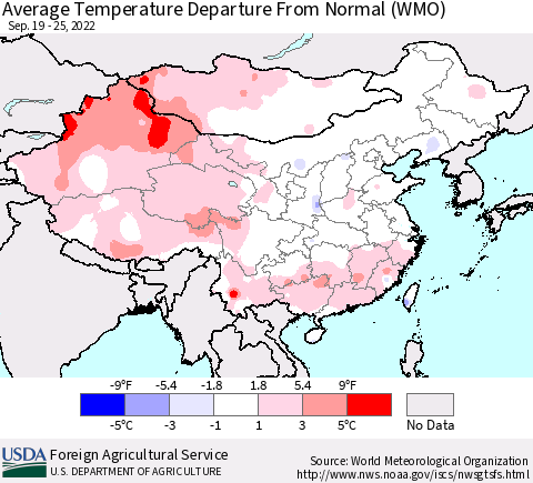China, Mongolia and Taiwan Average Temperature Departure from Normal (WMO) Thematic Map For 9/19/2022 - 9/25/2022