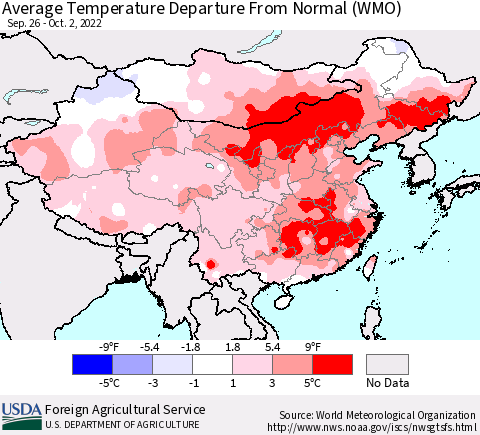 China, Mongolia and Taiwan Average Temperature Departure from Normal (WMO) Thematic Map For 9/26/2022 - 10/2/2022